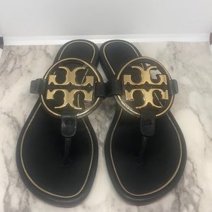 Tory Burch black and gold Miller sandals Sz 6